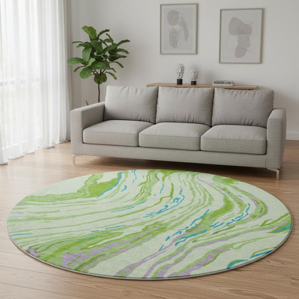 HomeRoots 8' Vibrant Green Lavender Teal Abstract Washable Round Rug - UV Protected, Ideal for Homes & Patios 681380