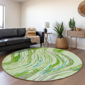 HomeRoots 8' Vibrant Green Lavender Teal Abstract Washable Round Rug - UV Protected, Ideal for Homes & Patios 681380
