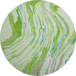 HomeRoots 8' Vibrant Green Lavender Teal Abstract Washable Round Rug - UV Protected, Ideal for Homes & Patios 681380
