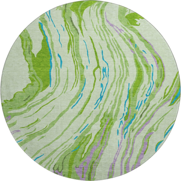 HomeRoots 8' Vibrant Green Lavender Teal Abstract Washable Round Rug - UV Protected, Ideal for Homes & Patios 681380