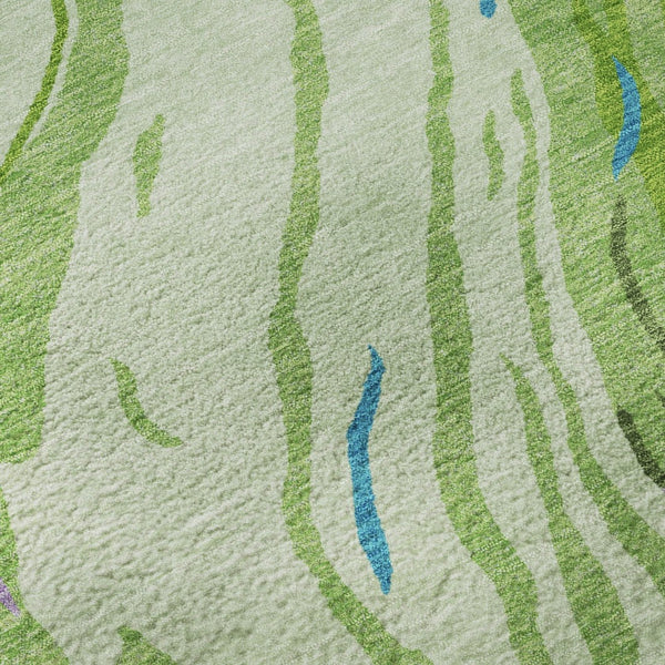 HomeRoots 8' Vibrant Green Lavender Teal Abstract Washable Round Rug - UV Protected, Ideal for Homes & Patios 681380