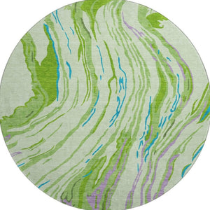 HomeRoots 8' Vibrant Green Lavender Teal Abstract Washable Round Rug - UV Protected, Ideal for Homes & Patios 681380