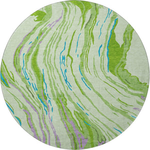 HomeRoots 8' Vibrant Green Lavender Teal Abstract Washable Round Rug - UV Protected, Ideal for Homes & Patios 681380