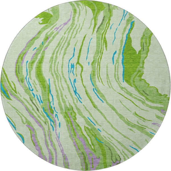 HomeRoots 8' Vibrant Green Lavender Teal Abstract Washable Round Rug - UV Protected, Ideal for Homes & Patios 681380