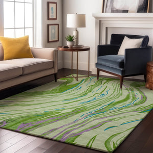 HomeRoots 9' X 12' Vibrant Green Lavender Teal Abstract Washable Area Rug with UV Protection for Every Space 681382