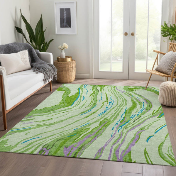 HomeRoots 9' X 12' Vibrant Green Lavender Teal Abstract Washable Area Rug with UV Protection for Every Space 681382