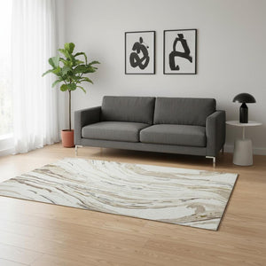 HomeRoots 5' X 8' Washable Abstract Area Rug in Ivory, Taupe & Gray - Durable, UV-Protected & Stain-Resistant 681385