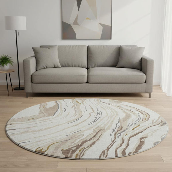 HomeRoots 8' Ivory Taupe Gray Abstract Washable Round Rug - Stylish, Durable, UV Protected for Modern Homes 681386