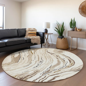 HomeRoots 8' Ivory Taupe Gray Abstract Washable Round Rug - Stylish, Durable, UV Protected for Modern Homes 681386