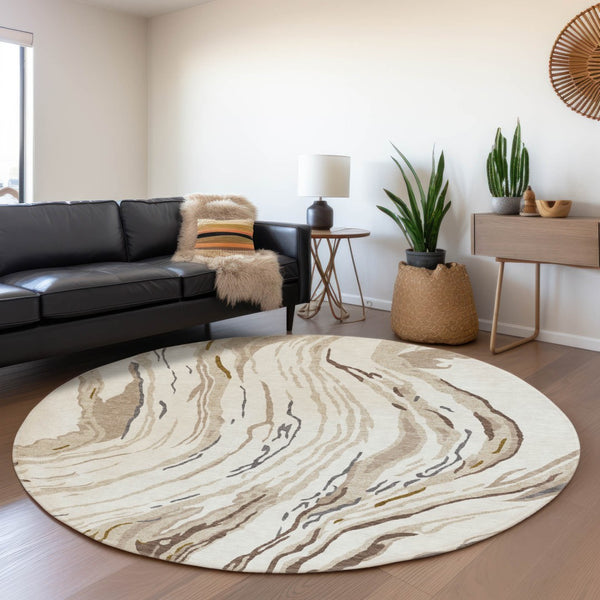 HomeRoots 8' Ivory Taupe Gray Abstract Washable Round Rug - Stylish, Durable, UV Protected for Modern Homes 681386
