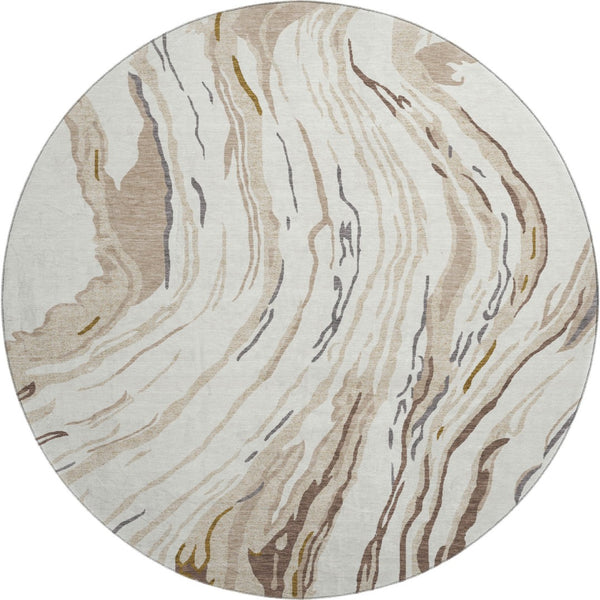 HomeRoots 8' Ivory Taupe Gray Abstract Washable Round Rug - Stylish, Durable, UV Protected for Modern Homes 681386