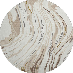 HomeRoots 8' Ivory Taupe Gray Abstract Washable Round Rug - Stylish, Durable, UV Protected for Modern Homes 681386