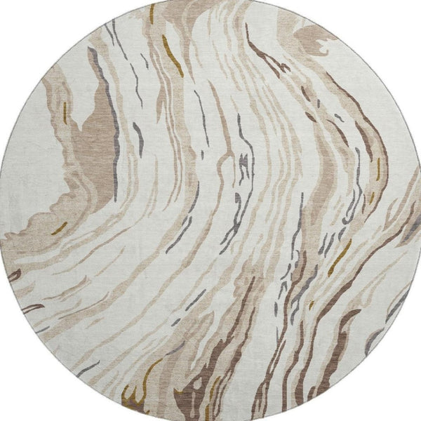 HomeRoots 8' Ivory Taupe Gray Abstract Washable Round Rug - Stylish, Durable, UV Protected for Modern Homes 681386