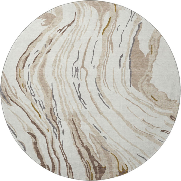 HomeRoots 8' Ivory Taupe Gray Abstract Washable Round Rug - Stylish, Durable, UV Protected for Modern Homes 681386