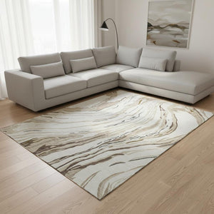 HomeRoots 10' X 14' Ivory Taupe Gray Abstract Washable Area Rug – Durable, Stain-Resistant, UV Protected Design 681389