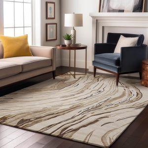 HomeRoots 10' X 14' Ivory Taupe Gray Abstract Washable Area Rug – Durable, Stain-Resistant, UV Protected Design 681389