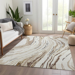 HomeRoots 10' X 14' Ivory Taupe Gray Abstract Washable Area Rug – Durable, Stain-Resistant, UV Protected Design 681389
