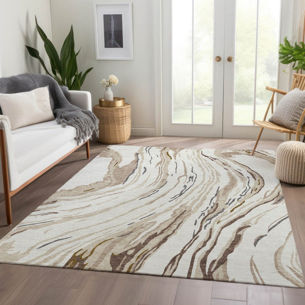HomeRoots 10' X 14' Ivory Taupe Gray Abstract Washable Area Rug – Durable, Stain-Resistant, UV Protected Design 681389
