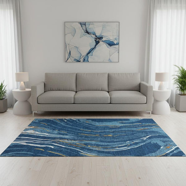 HomeRoots 5' X 8' Stylish Navy Blue Copper Ivory Abstract Area Rug – Washable, UV Resistant, Easy-Care Design 681391