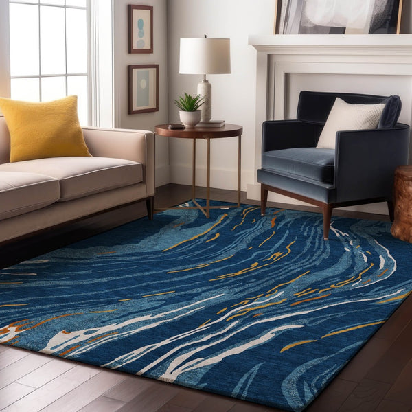 HomeRoots 5' X 8' Stylish Navy Blue Copper Ivory Abstract Area Rug – Washable, UV Resistant, Easy-Care Design 681391