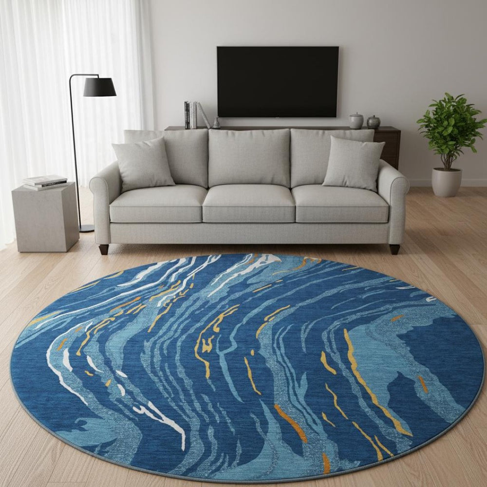 HomeRoots 8' Washable Round Rug in Navy Blue, Copper & Ivory - UV Protected, Stain Resistant, Modern Design 681392