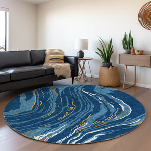 HomeRoots 8' Washable Round Rug in Navy Blue, Copper & Ivory - UV Protected, Stain Resistant, Modern Design 681392