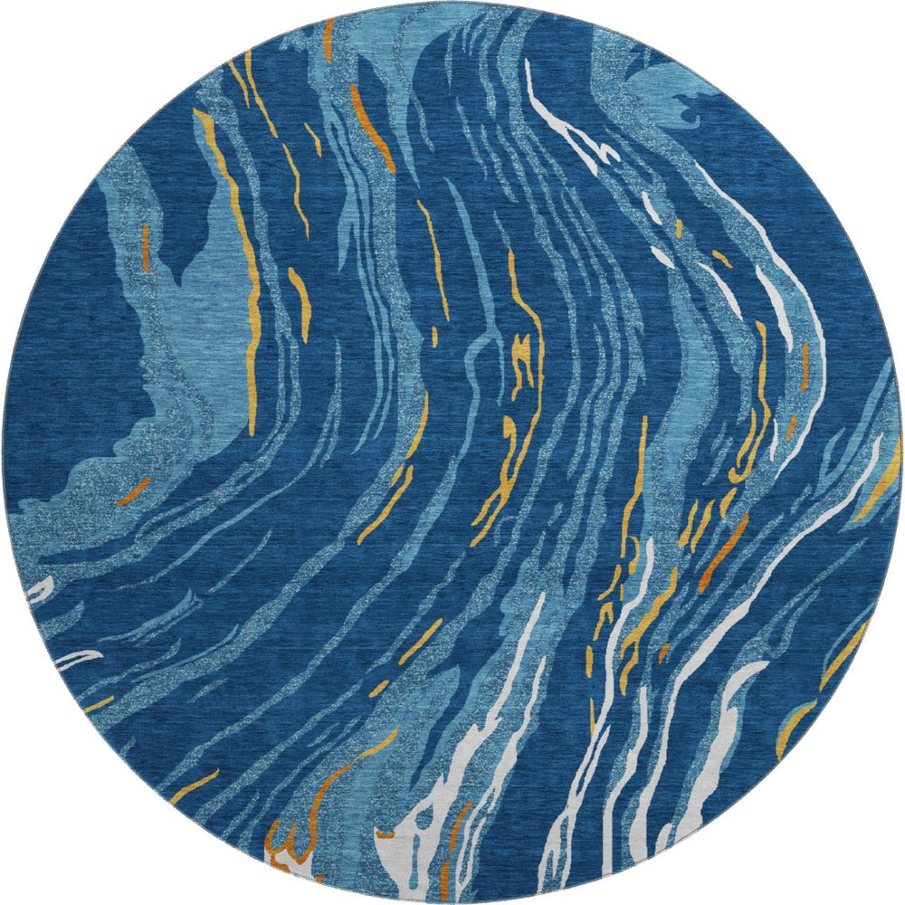 HomeRoots 8' Washable Round Rug in Navy Blue, Copper & Ivory - UV Protected, Stain Resistant, Modern Design 681392