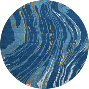 HomeRoots 8' Washable Round Rug in Navy Blue, Copper & Ivory - UV Protected, Stain Resistant, Modern Design 681392