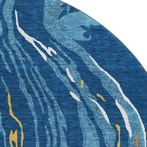 HomeRoots 8' Washable Round Rug in Navy Blue, Copper & Ivory - UV Protected, Stain Resistant, Modern Design 681392