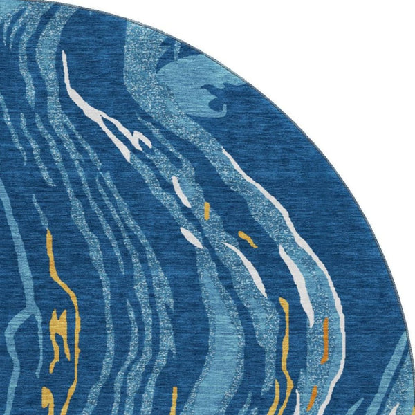 HomeRoots 8' Washable Round Rug in Navy Blue, Copper & Ivory - UV Protected, Stain Resistant, Modern Design 681392