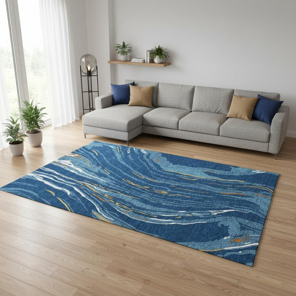 HomeRoots 8' X 10' Stunning Navy Blue, Copper & Ivory Abstract Area Rug – Washable, UV Protected & Durable! 681393