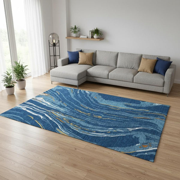 HomeRoots 8' X 10' Stunning Navy Blue, Copper & Ivory Abstract Area Rug – Washable, UV Protected & Durable! 681393
