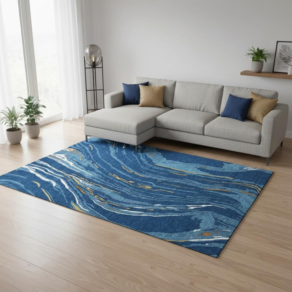 HomeRoots 9' X 12' Navy Blue Abstract Area Rug – Stylish, Washable, UV Protected, Ideal for High-Traffic Homes 681394