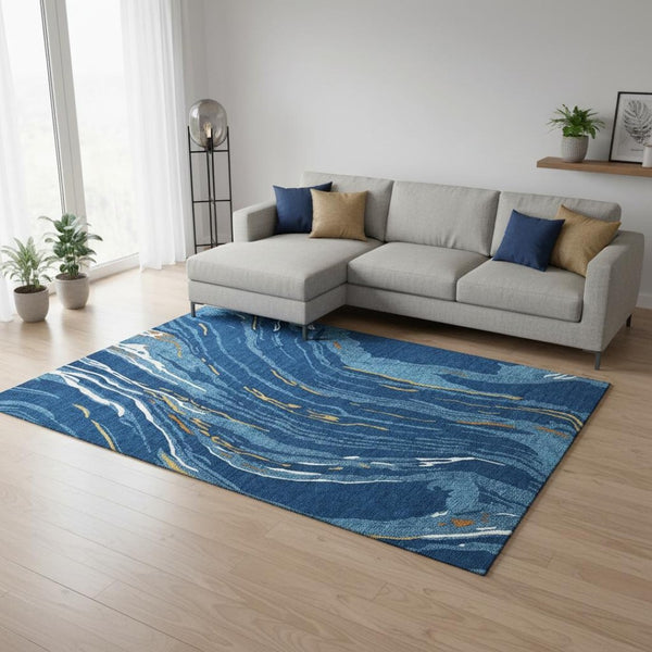 HomeRoots 9' X 12' Navy Blue Abstract Area Rug – Stylish, Washable, UV Protected, Ideal for High-Traffic Homes 681394