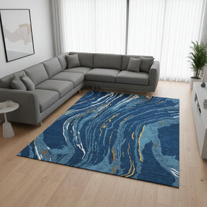 HomeRoots 10' Navy Blue Copper & Ivory Abstract Washable Area Rug - UV Protected, Stain Resistant, Stylish Design 681395