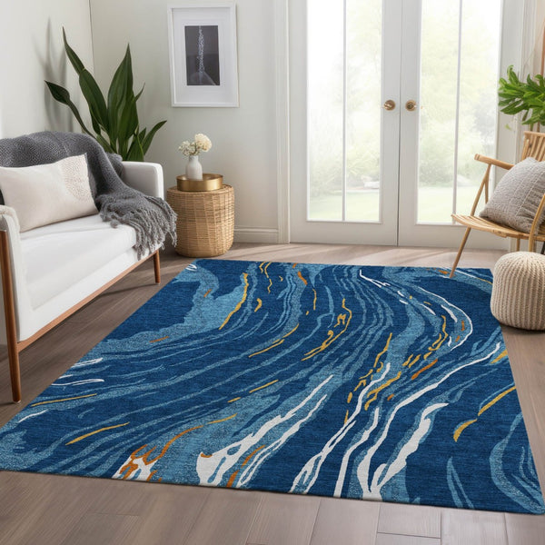 HomeRoots 10' Navy Blue Copper & Ivory Abstract Washable Area Rug - UV Protected, Stain Resistant, Stylish Design 681395