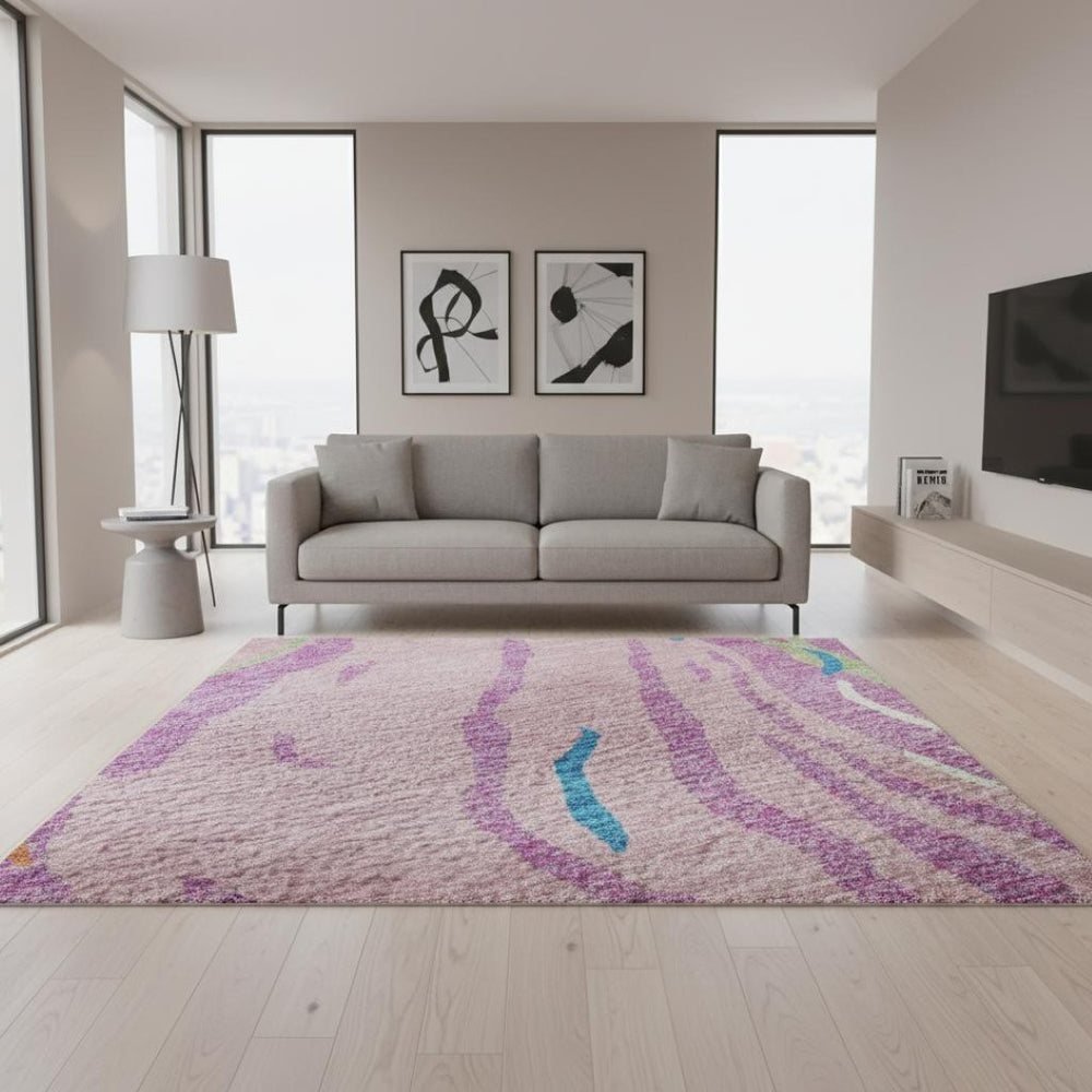 HomeRoots 5' Pink Green Orange Abstract Washable Area Rug - UV Protected, Stain Resistant, Perfect for Homes! 681397