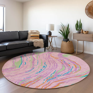 HomeRoots 8' Vibrant Pink, Green & Orange Abstract Washable Round Rug - Durable, UV-Protected, Modern Design! 681398