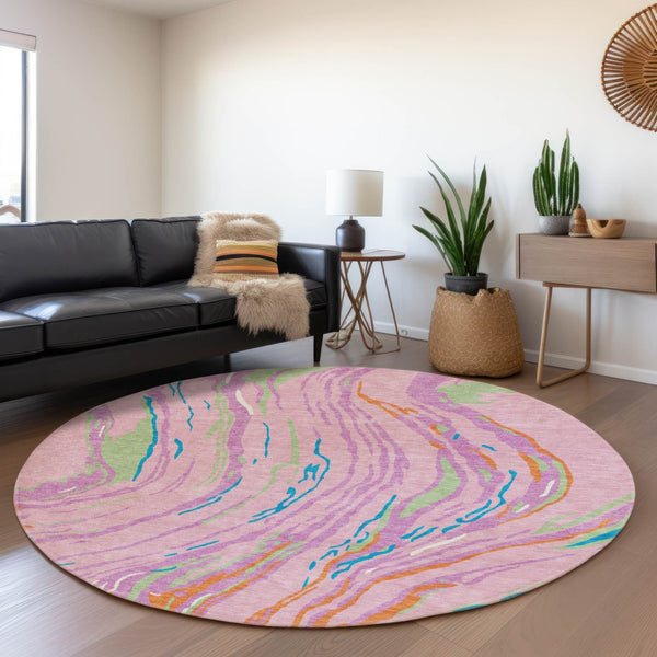 HomeRoots 8' Vibrant Pink, Green & Orange Abstract Washable Round Rug - Durable, UV-Protected, Modern Design! 681398