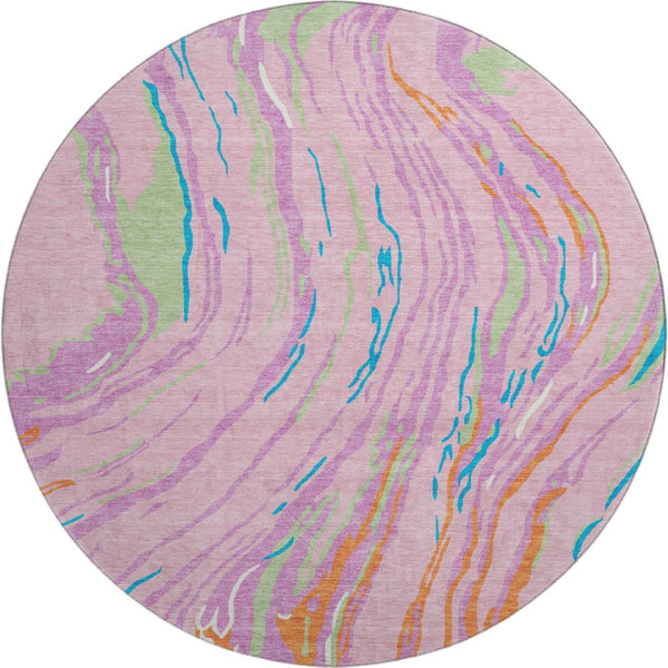 HomeRoots 8' Vibrant Pink, Green & Orange Abstract Washable Round Rug - Durable, UV-Protected, Modern Design! 681398