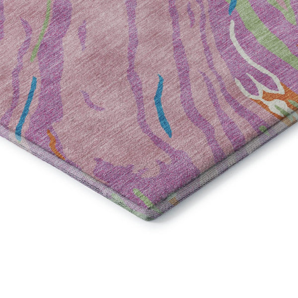 HomeRoots 8' Vibrant Pink, Green & Orange Abstract Washable Round Rug - Durable, UV-Protected, Modern Design! 681398