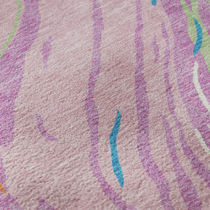HomeRoots 8' Vibrant Pink, Green & Orange Abstract Washable Round Rug - Durable, UV-Protected, Modern Design! 681398