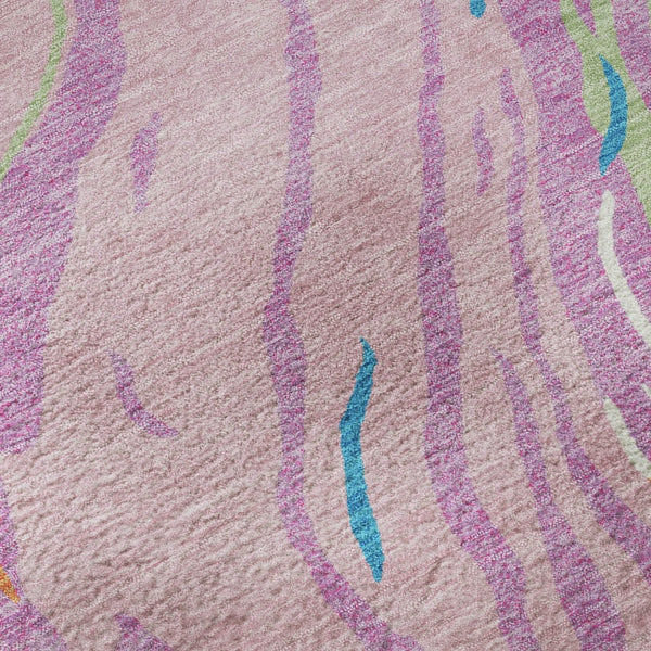 HomeRoots 8' Vibrant Pink, Green & Orange Abstract Washable Round Rug - Durable, UV-Protected, Modern Design! 681398