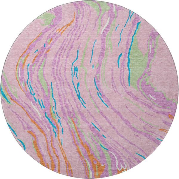 HomeRoots 8' Vibrant Pink, Green & Orange Abstract Washable Round Rug - Durable, UV-Protected, Modern Design! 681398