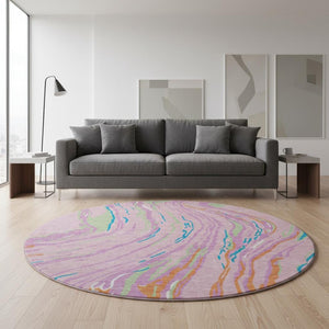 HomeRoots 8' Vibrant Pink, Green & Orange Abstract Washable Round Rug - Durable, UV-Protected, Modern Design! 681398