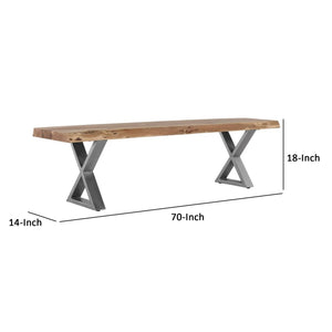 English Elm Farmhouse Acacia Wood Dining Bench with X Metal Legs, 70" Rustic Modern Entryway Seating Durable Finish B2741S00024