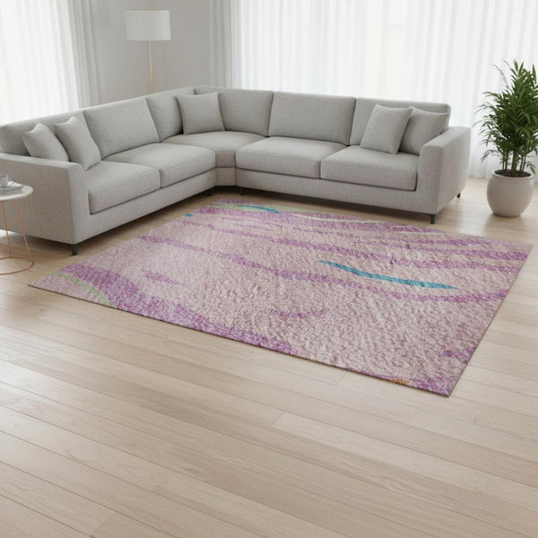 HomeRoots 9' X 12' Vibrant Pink Green & Orange Abstract Washable Area Rug with UV Protection for Homes 681400