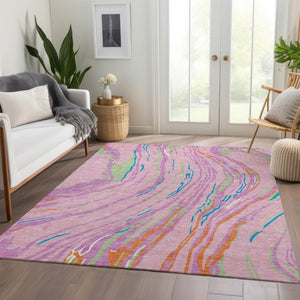 HomeRoots 9' X 12' Vibrant Pink Green & Orange Abstract Washable Area Rug with UV Protection for Homes 681400