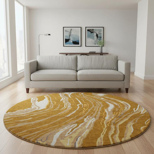 HomeRoots 8' Rust Beige and Gray Abstract Round Rug - Washable, Stain-Resistant, UV Protected for High Traffic Spaces 681404