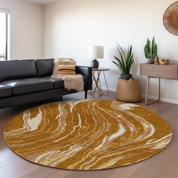 HomeRoots 8' Rust Beige and Gray Abstract Round Rug - Washable, Stain-Resistant, UV Protected for High Traffic Spaces 681404